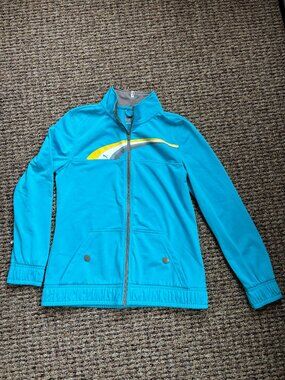 Puma women's retro-look track jacket.  Turquoise. Size large.